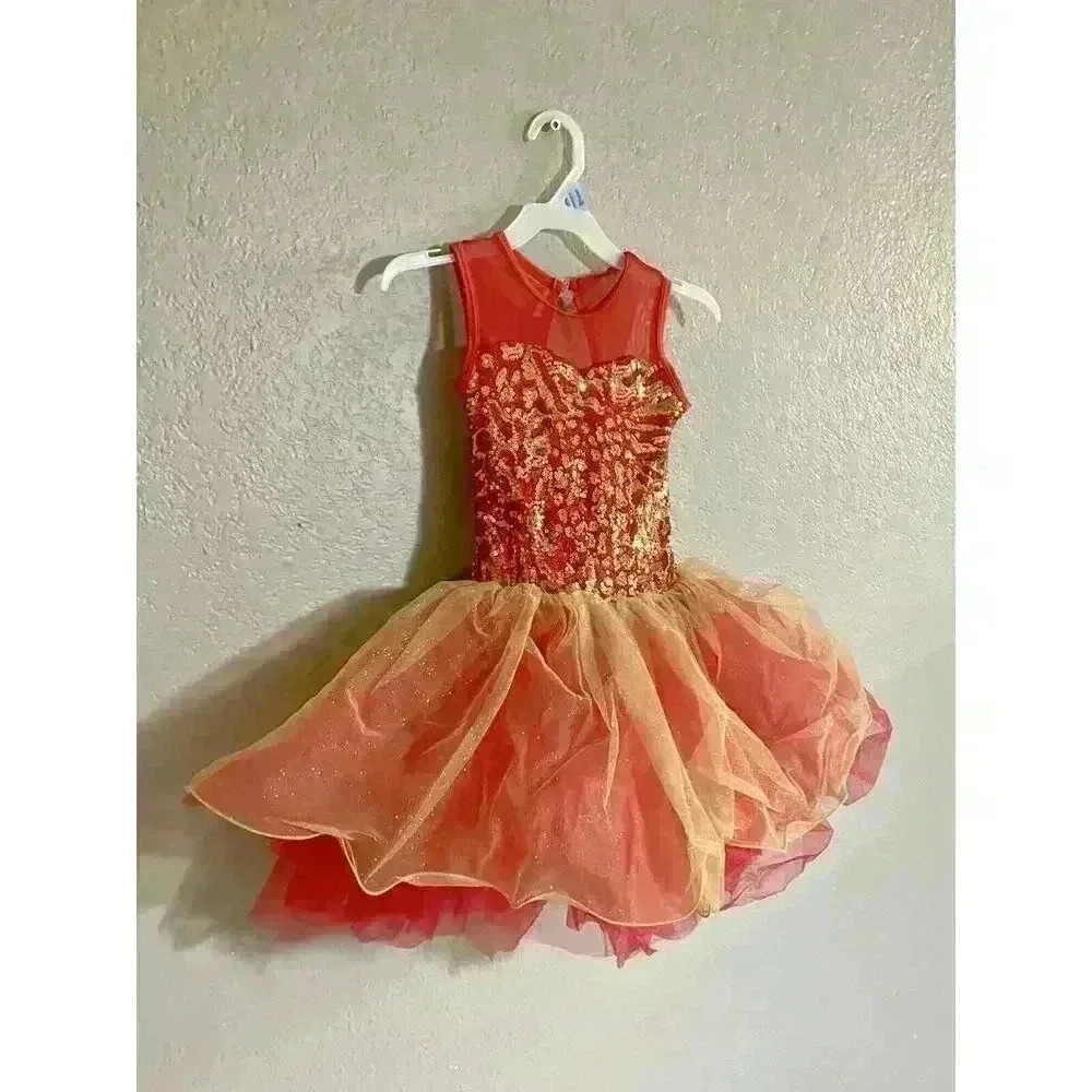 Dance Costume Child Small Red Gold Ballet Dance Sequin Tutu Dress‎ - Picture 2 of 9